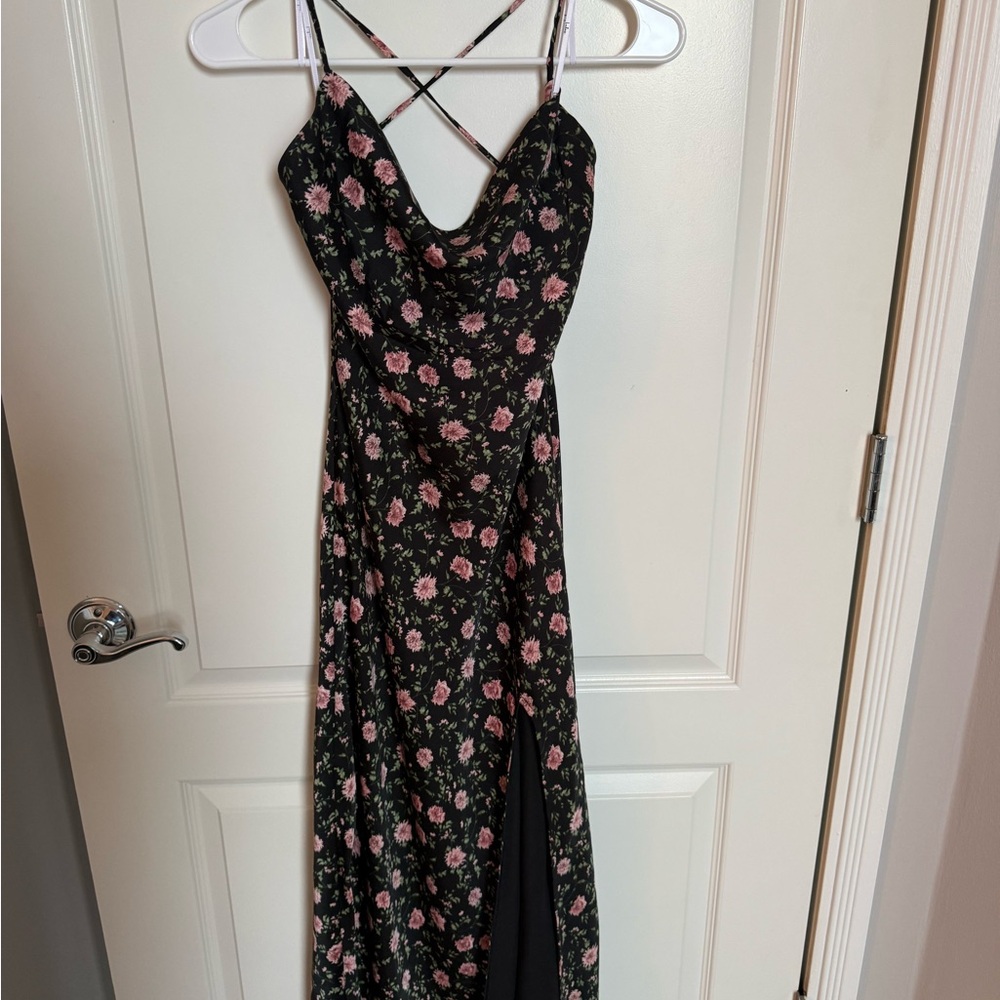 Lulu's Black Floral Cowl Maxi Dress with Pink Roses